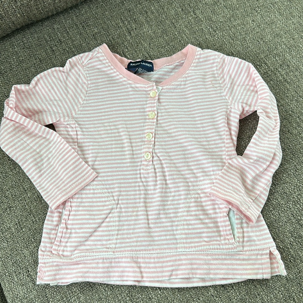 Ralph Lauren Girls Pink White Striped Long Sleeve Henley Top Pony Logo Size 4/4T